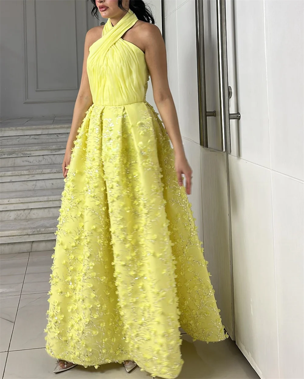 Formal Gown Saudi Arabia Evening     Prom Dearin Halter A-line Ankle Length Open Back Skirts Sequin Draped