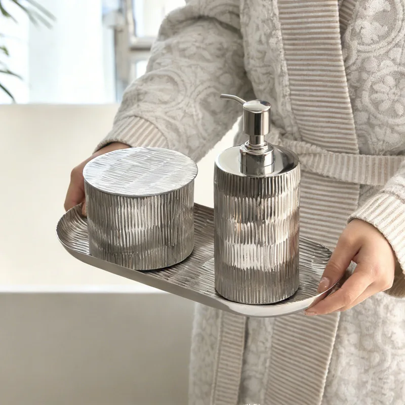Indian aluminum silver sanitary combination three-piece set oval tray decoration jar lotion bottle storage round box ornament