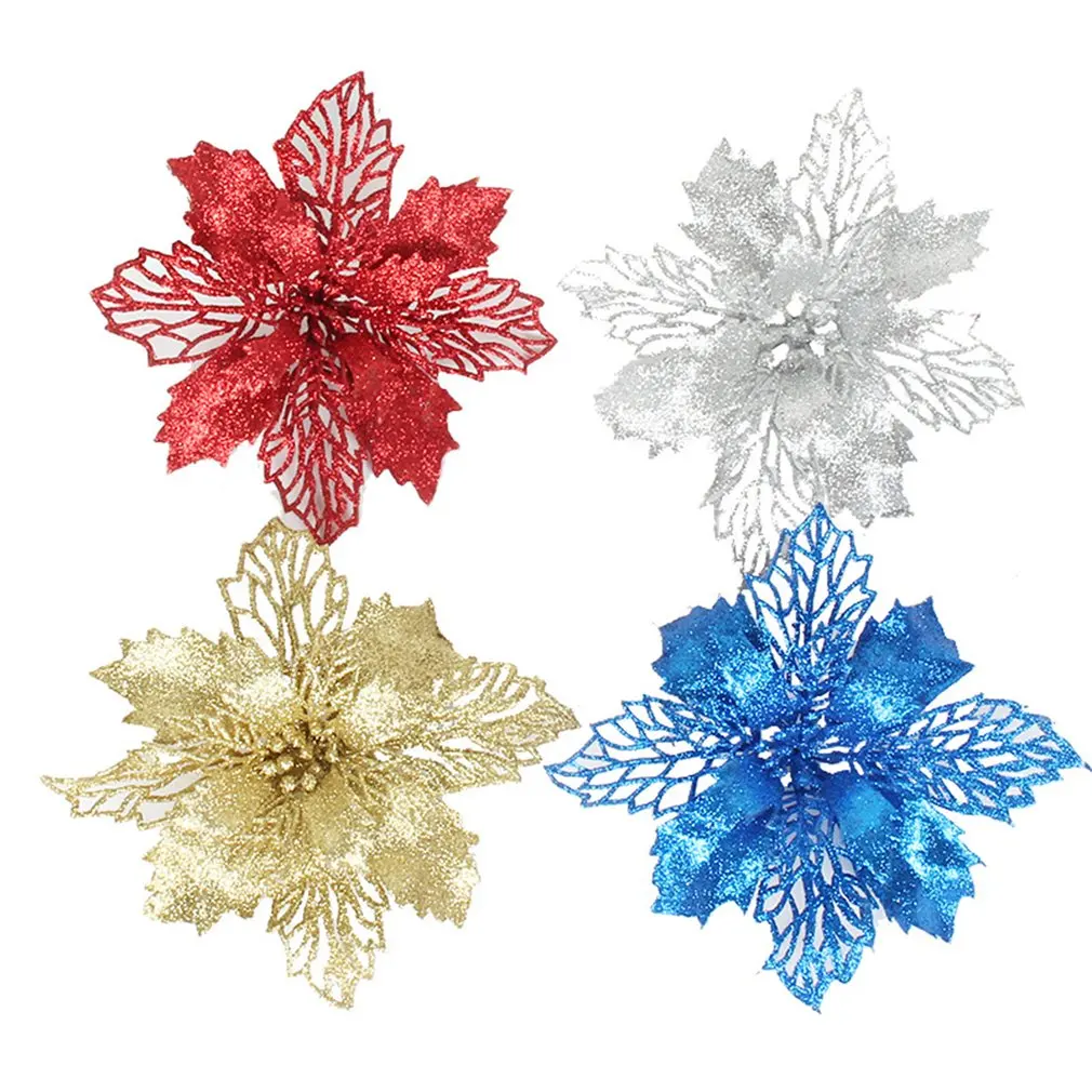 Christmas Poinsettia Flower Decor Poinsettia Artificial Christmas Flowers Decorations Glitter Xmas Tree Flower Ornaments