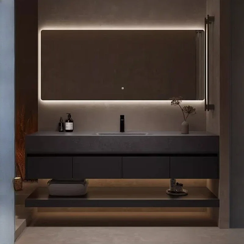 

Rock Plate Vanity with Sink Wall Mounted Bathroom Floating Vanity 2 Drawers, Soft-Close Doors Modern Bathroom Mirror Cabinet