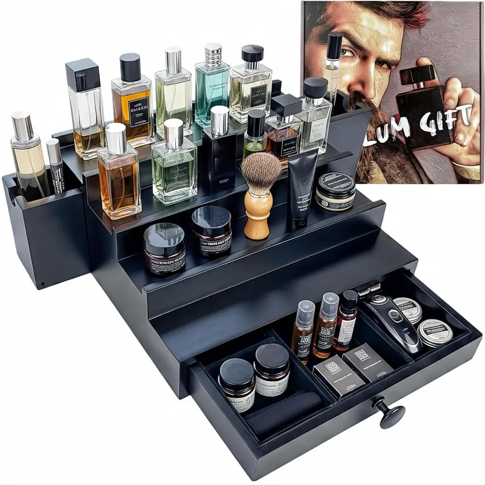 

Wooden Cologne Organizer For Men 4 Tier Black | High Grade Velvet Lining and Stylish Gift Box | Side Compartment | Space Aid Col