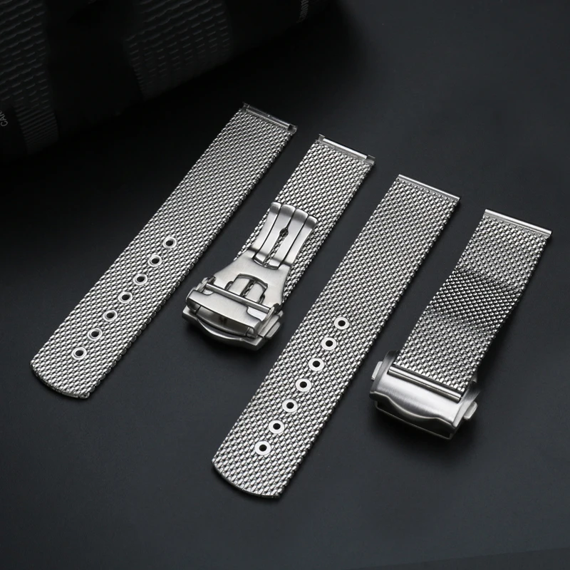 20mm Mesh Stainless Steel Watch Strap Folding Butterfly Buckle Quick Release Metal Band Man Bracelet for Omega 007 Seamaster