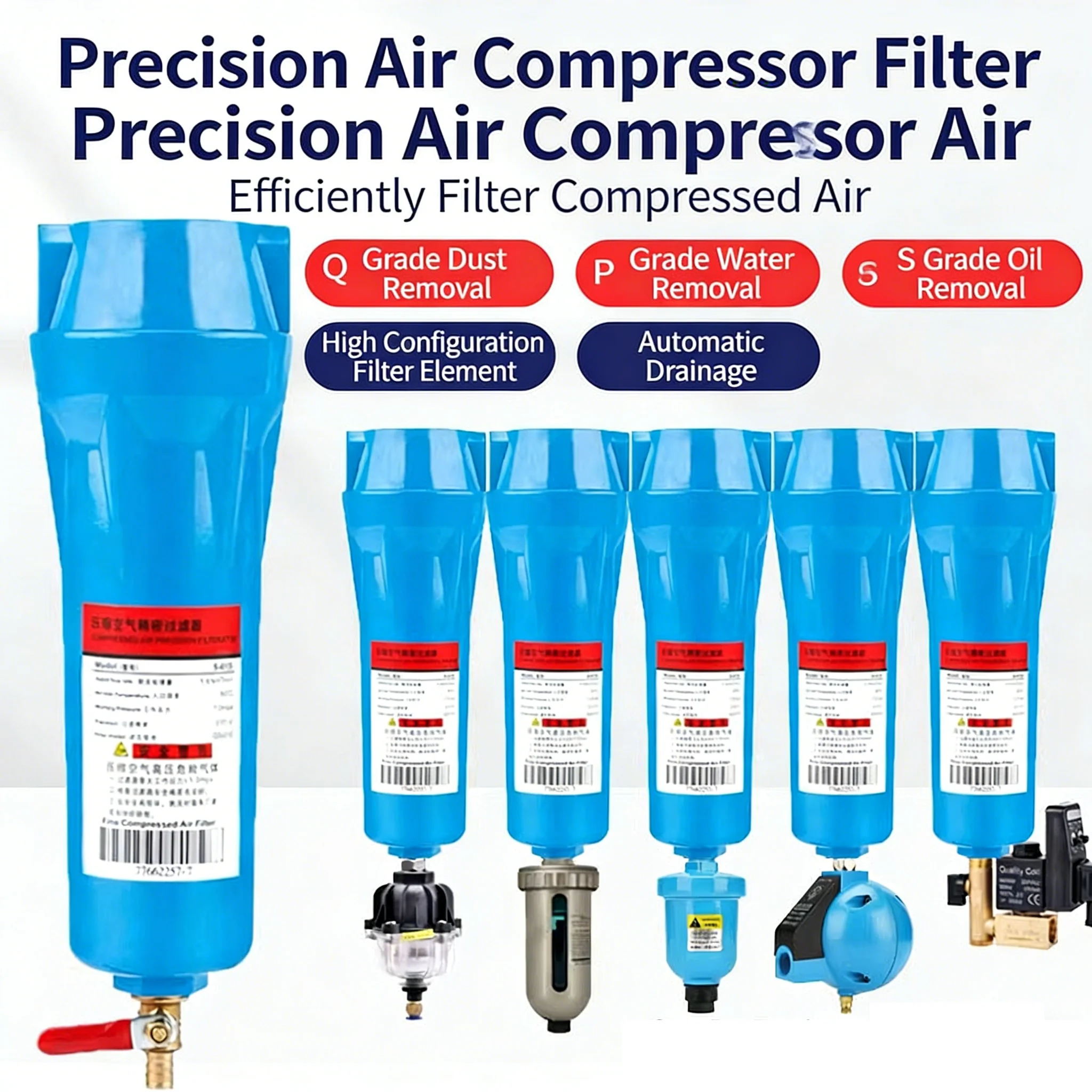 QPS Compressed Air Precision Filter 015/024/035 Air Compressor Oil and Water Separator Water Removal and Automatic Drainage