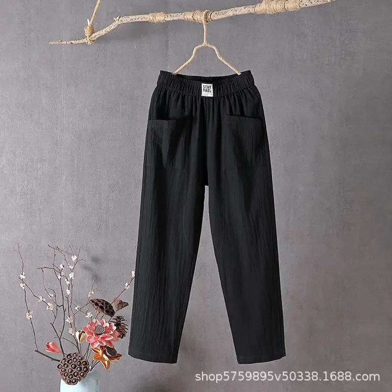 Summer Casual Cotton Linen Harem Pants Women Large Size Loose High Waist Elastic Ankle-length Pants Solid Lady Pocket Trousers