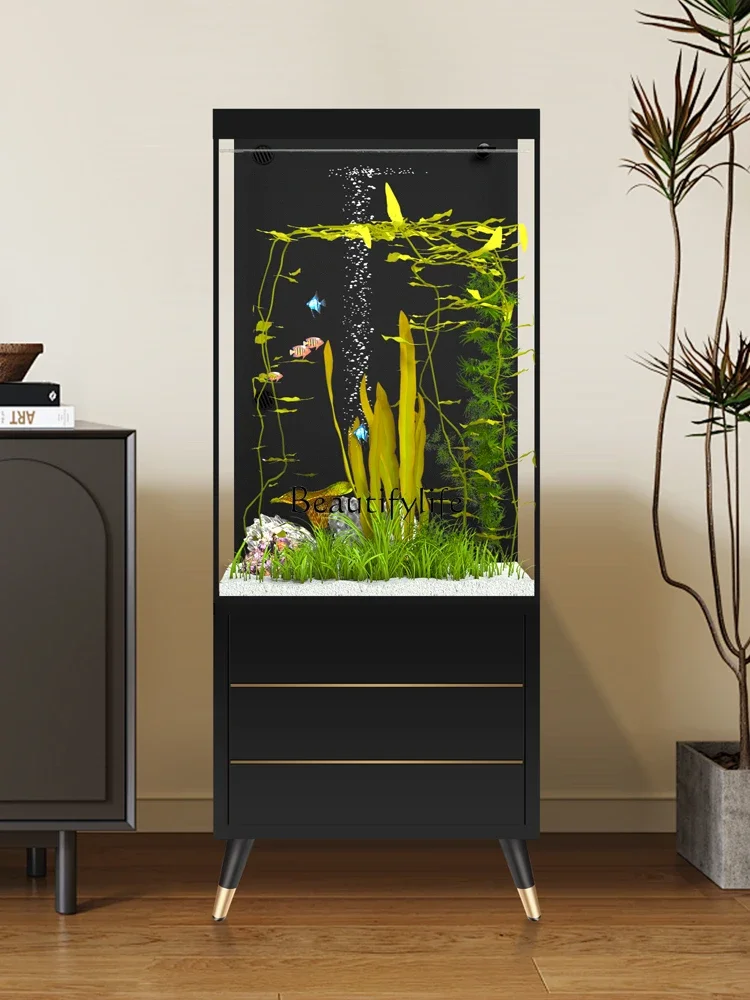 

FG26Fish Tank Living Room Small 2024 New Base Cabinet Back Filter Super White Glass Fish Globe Floor Home