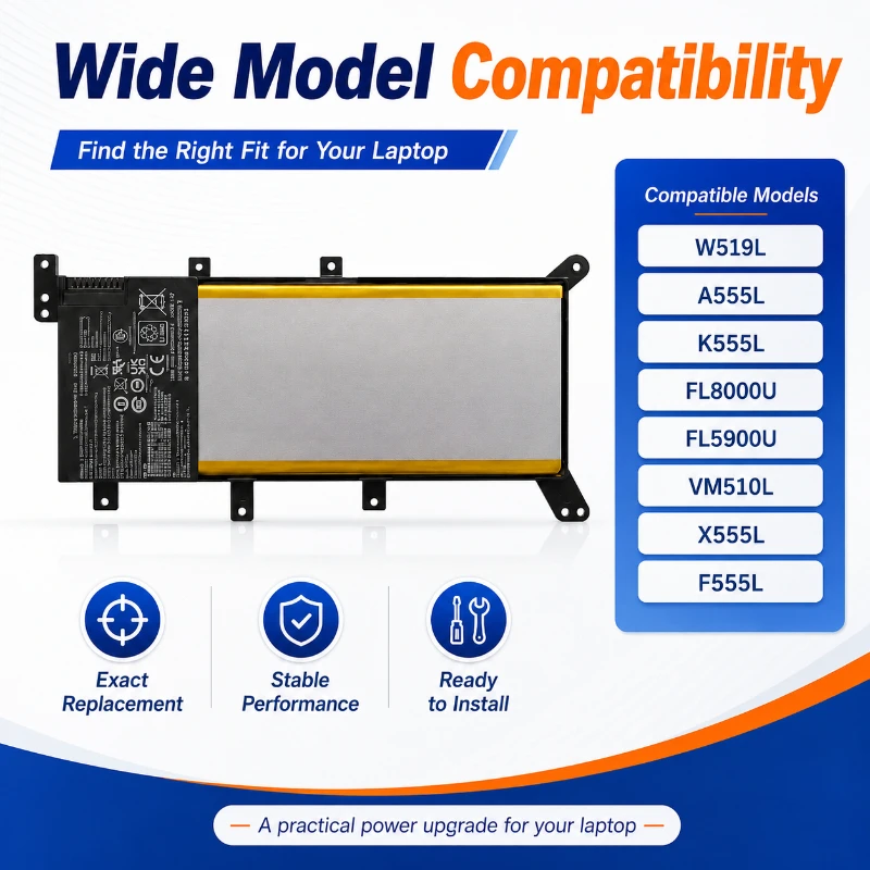 4800MAh Battery Life Suitable for ASUS W519L A555L K555L FL8000U FL5900U VM510L Multi Model Long-lasting Laptop Battery