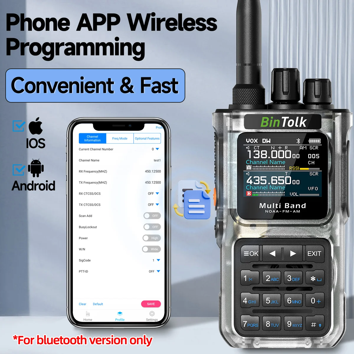 BinTolk Walkie Talkie BT8000 10W บลูทูธโปรแกรมกระพริบลดเสียงรบกวนกระพริบแบบพกพา AM วิทยุ FM สมัครเล่น