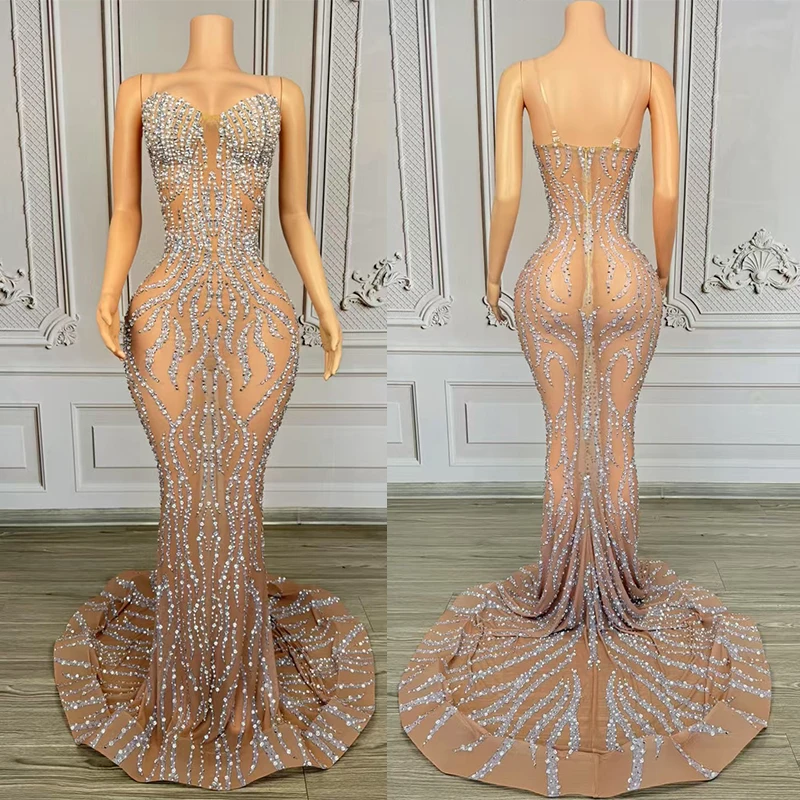 이브닝 드레스 여성 전체 다이아몬드 스트랩 트레일링 드레스 나이트 클럽 바 Dj 공연 무대 의상 드래그 퀸 옷 DN20937