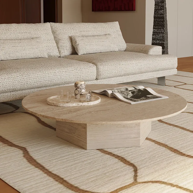 

#% Coffee Table Natural Travertine Stone Round Light Luxury Wabi-Sabi Minimalist Mid-Century Style Living Room New Model SG069