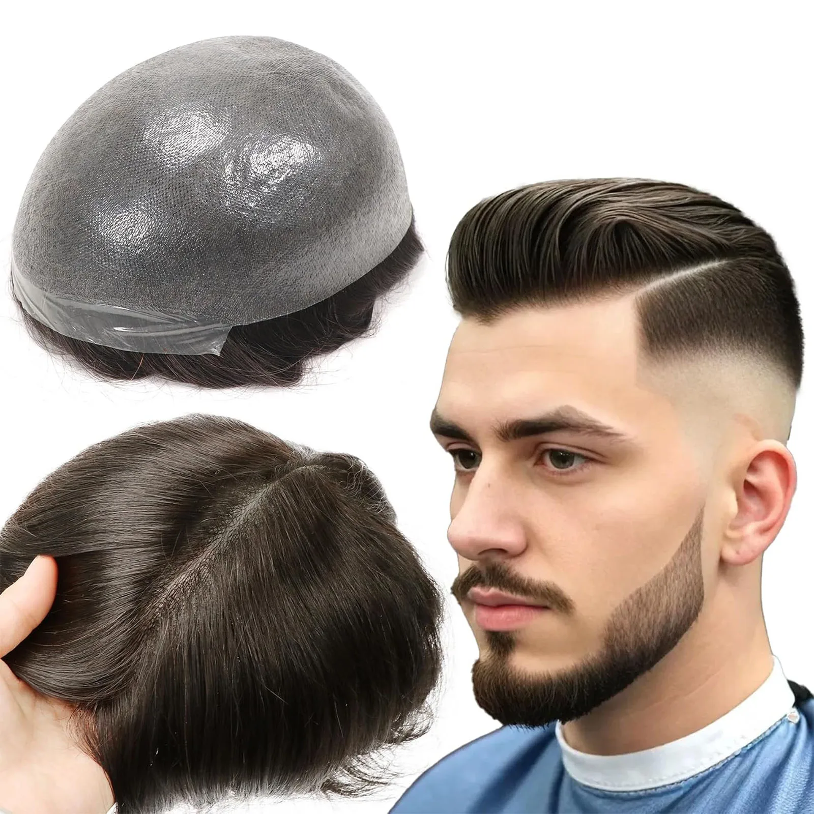 Men's Hair Toupee System V-looped Virgin Human Hair Replacement PU Thin Skin 0.03MM 8x10 Base Size Durable Breathable Toupee System