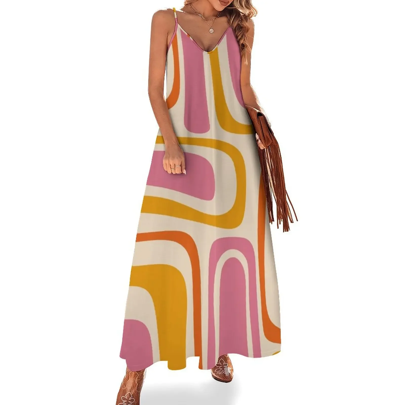 

Palm Springs Retro Mid Century Modern Abstract Pattern in Thulian and Orange Tones Sleeveless Dress dresses for woman