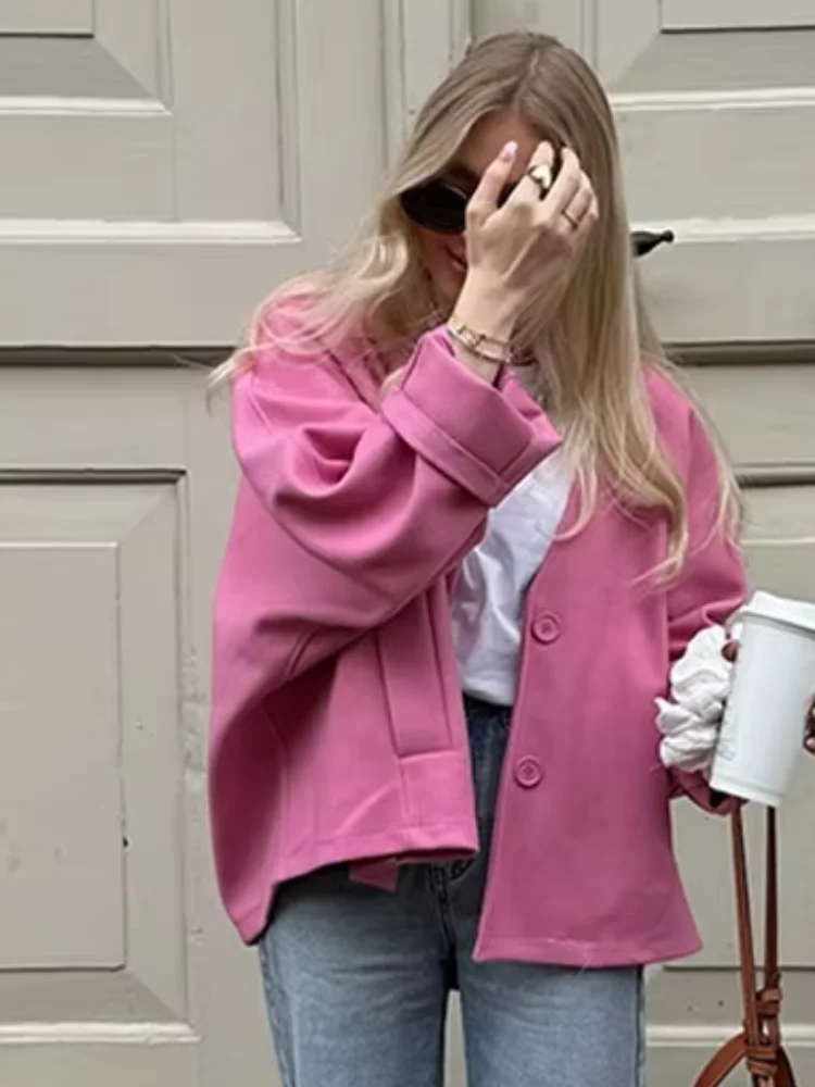 

Женская однобортная куртка, розовая повседневная короткая осенняя куртка с длинным рукавом и V-образным вырезом, верхняя одежда
