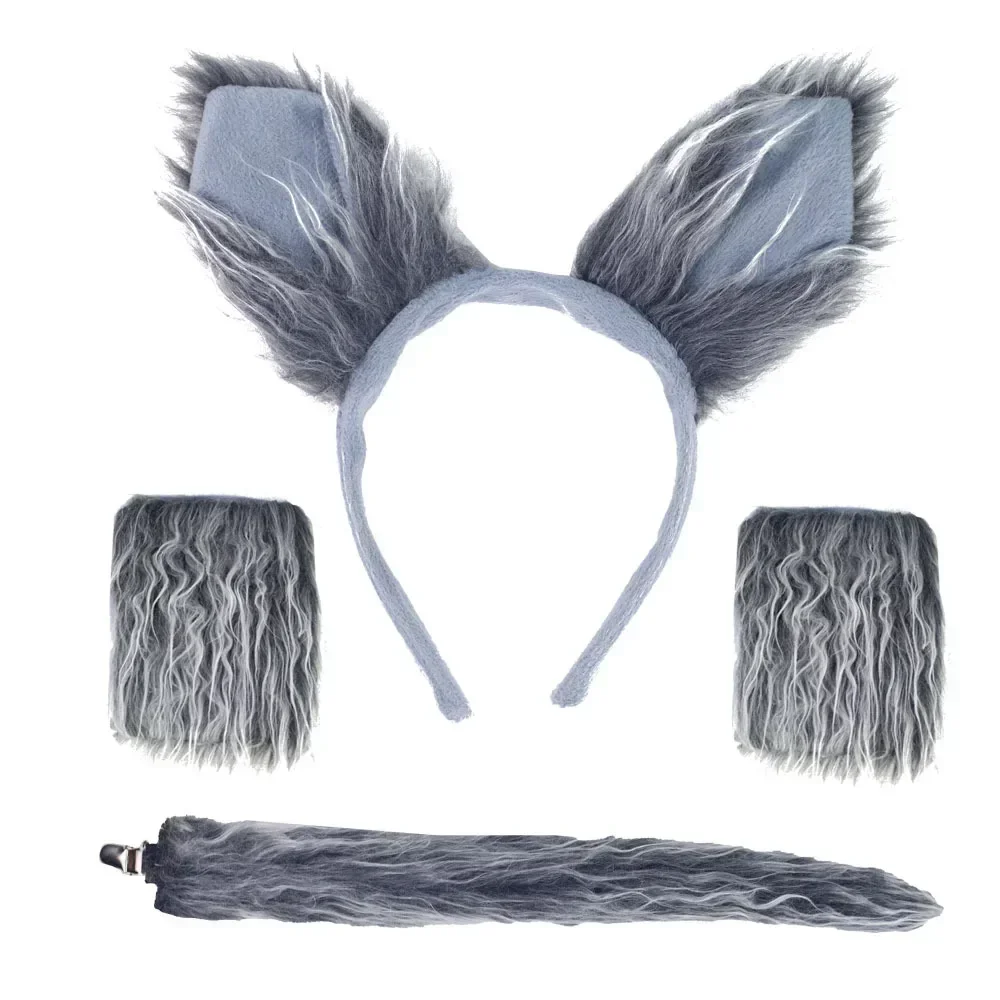 Party Adult Children Men Boy Grey Wolf Costume Set Plush Animal Ear Headband Tail Paw Gloves Cosplay Festival