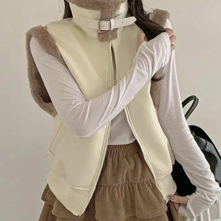 

Шикарный осенне-зимний жилет из искусственной кожи, женский свободный жилет на молнии с меховой подкладкой в стиле ретро, модная ветровка Agel для поездок на работу