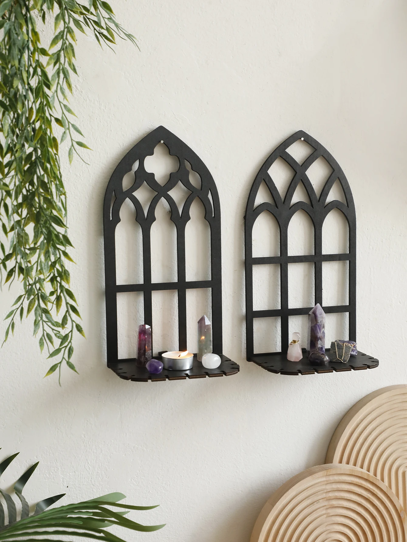 Black Gothic Shelf Wooden Hollow Wall Decoration Wall Hanging Floating Shelves Display Stand Vintage Door Frame Witch Home Decor