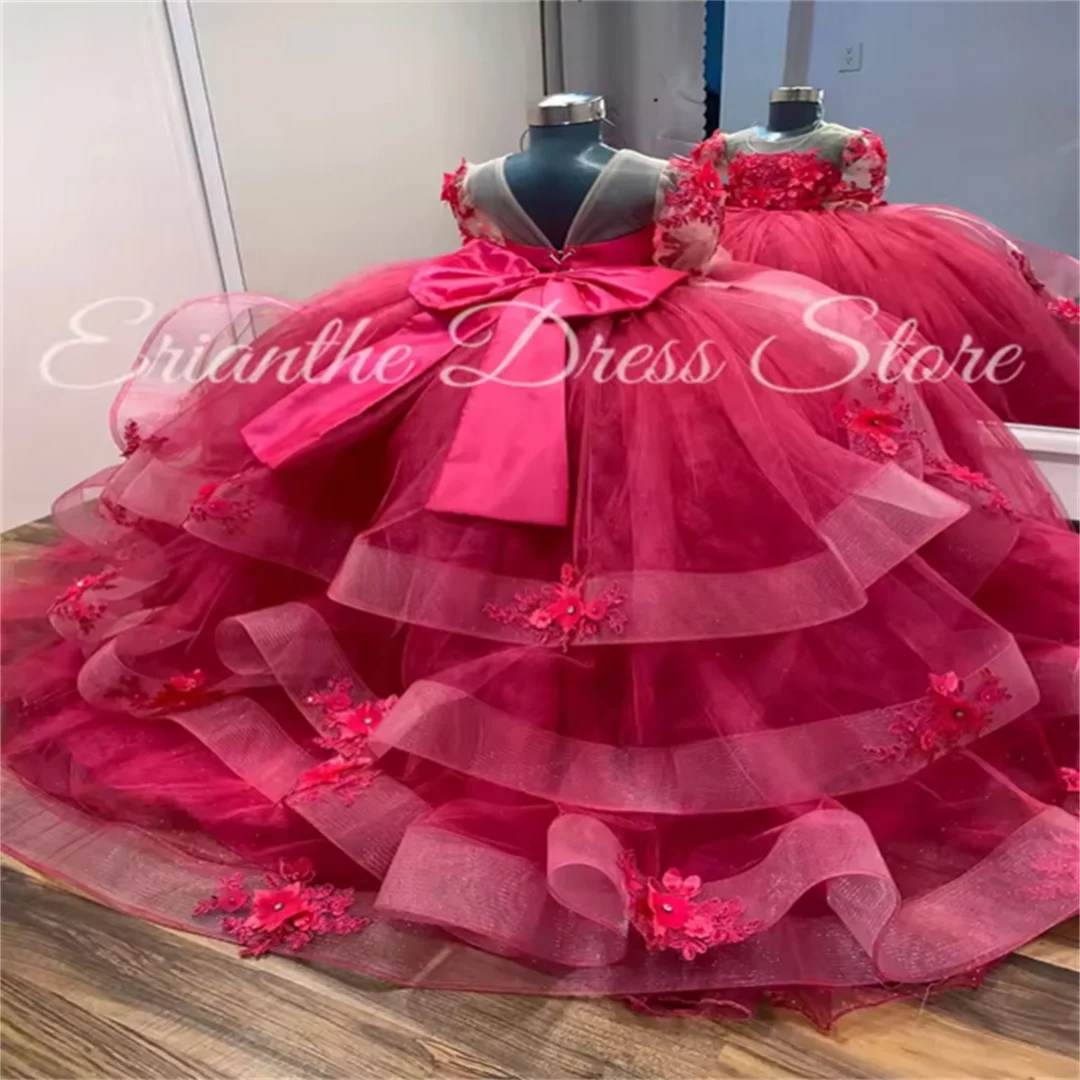 

3D Flower Girl Dress For Wedding Applique Tulle Puffy Long sleeves Kids Birthday Party First Communion Ball Gowns Customized