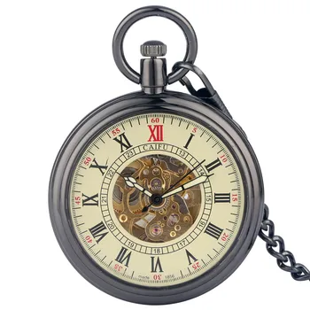 Vintage automatisch zelfopwindend mechanisch zakhorloge open gezicht Romeinse cijfers lichtgevende wijzers skeletklok FOB-ketting cadeau