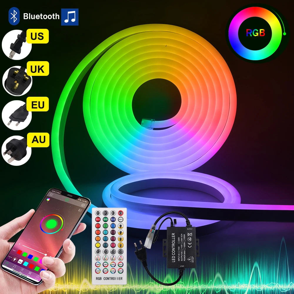 110V 220V 5050 Taśma LED Neonowe Światła Bluetooth Sterowanie APP RGB Neon Taśma Wodoodporna Dekoracja Ogrodu Zewnętrznego Oświetlenie Domowe