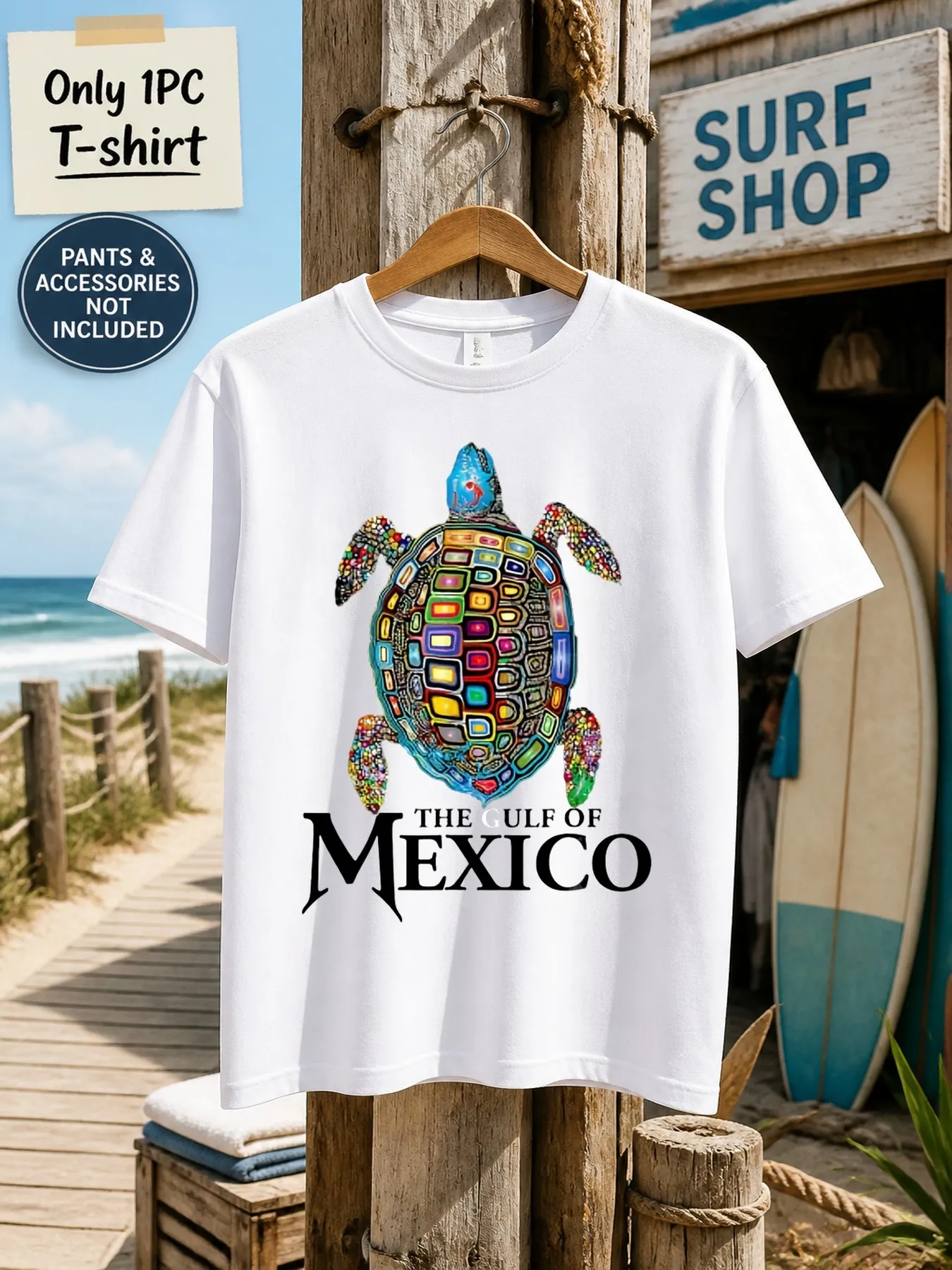 1pc Men'S Graphic T-Shirt Colorful Mosaic Sea Turtle Print The Gulf of Mexico Short Sleeve Crew Neck [Solely 1pc T-SHIRT]