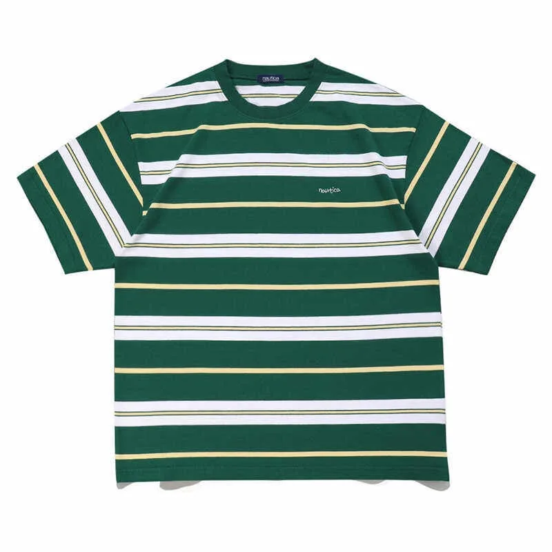 Japanese Striped Short Sleeved T-shirt for Men and Women Summer Round Neck Pure Cotton Printed Tees