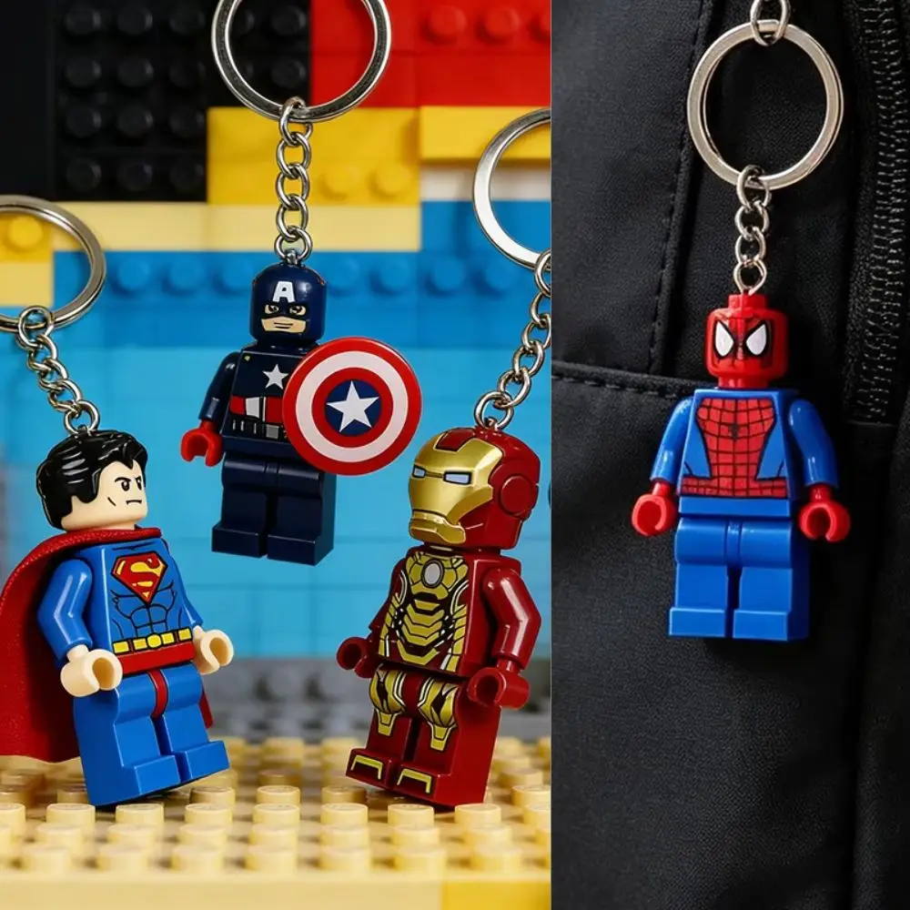 Kawaii Spider‑Man Iron‑Man Building Block Keychain Mini Action Figure Backpack Pendant Car Interior Ornament Cartoon Collectible