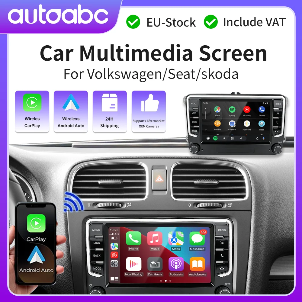 Radio para Auto con Pantalla Táctil de 7 Pulgadas, Sistema Linux, para Volkswagen Golf/Passat/Polo, Reproductor Multimedia con CarPlay, Android Auto, Wi-Fi, Radio FM, MirrorLink, Bluetooth y Navegación GPS