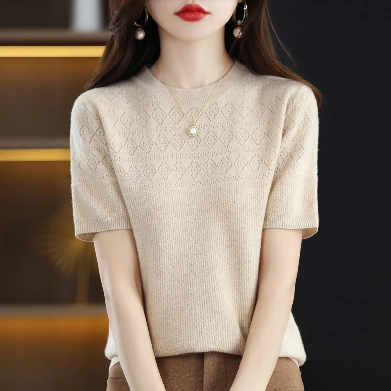 2023 Summer New Women's Short Sleeve Round Neck Knit Pullover Casual Hollow Out Sweater Short Sleeve Loose Fashion T-shirt Top