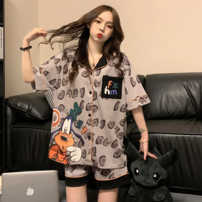 Disney Goofy Female Summer New Pajamas Cartoon Print Leisure College Dormitory Style Home Suit Korean Version Fashion Sleepwear