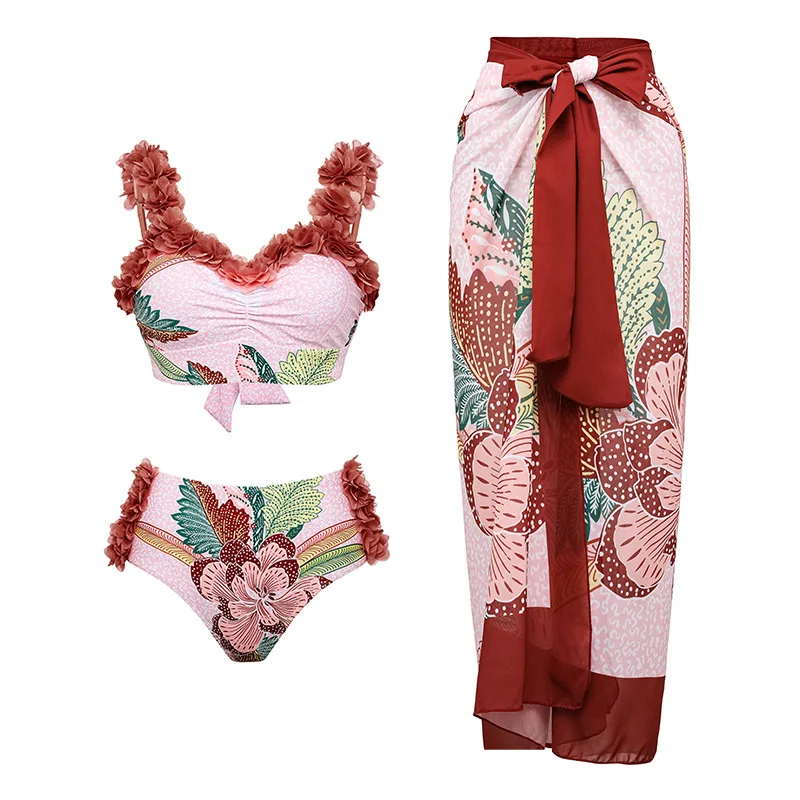 

Women's High-Waist Bikini Set Ruffle Red Flower Print Swimwear with Cover Up Beach Dress Luxury Designer Bathing