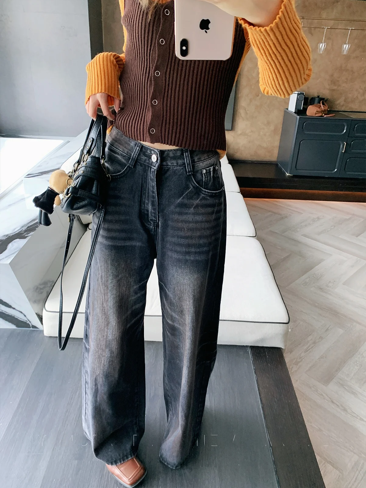 

Джинсы Yang Bubble Blaey Distred с прямыми штанинами, женские свободные повседневные брюки с широкими штанинами, с высокой талией, однотонные