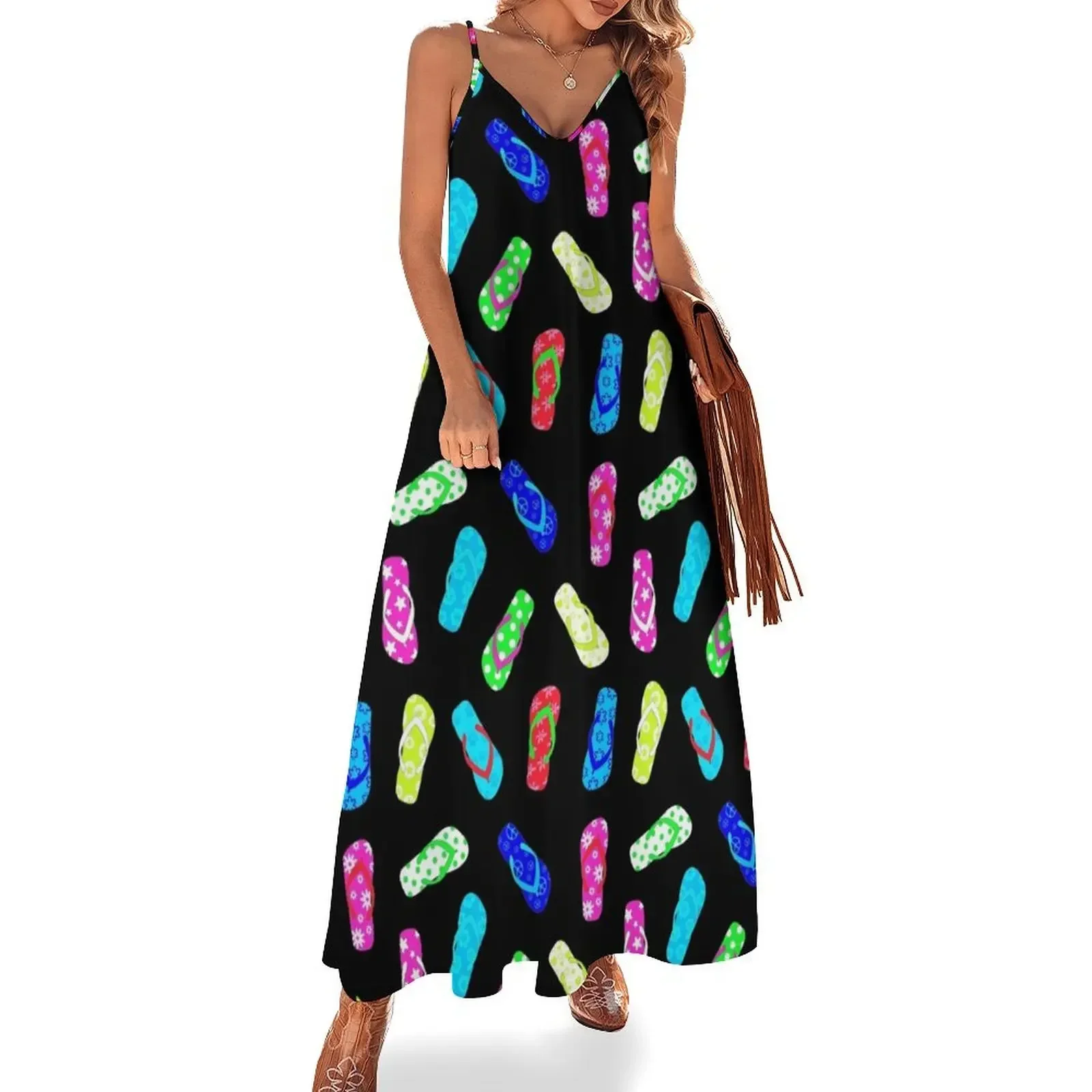 

Colorful Flip Flop Sandals Black Sleeveless Dress summer dresses Women's summer dress Dress vintage