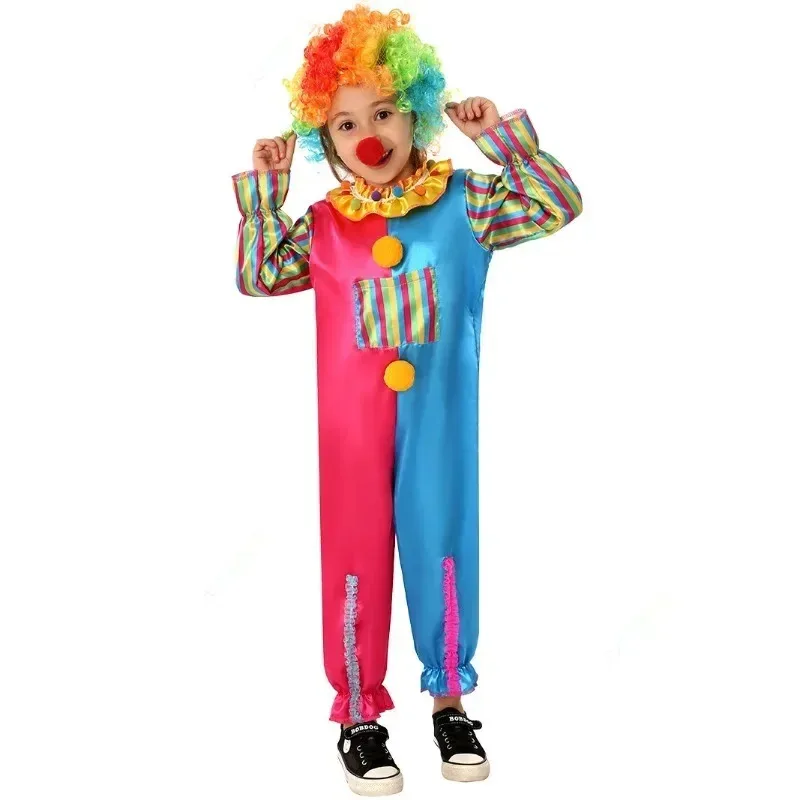 Tuta colorata di alta qualità Clown Cosplay Cos Suit 2024 Carnevale Nuovo costume da spettacolo teatrale per campus a contrasto per bambini