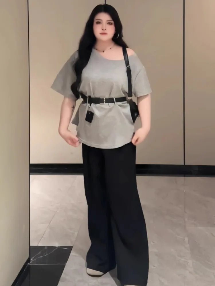 

plus Size Women's Grey Korean Style Slim Fit Shoulder T-Shirt Short Sleeve Summer Design Sensation Shoulder Top