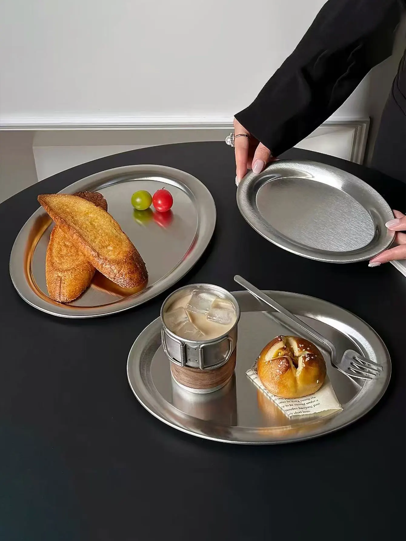 Thickened Stainless Steel Oval Dinner Plate Ins Cafe Afternoon Tea Tray Bread Plate Cake Plate Dessert Plate Steamed Fish Plate 1Pcs