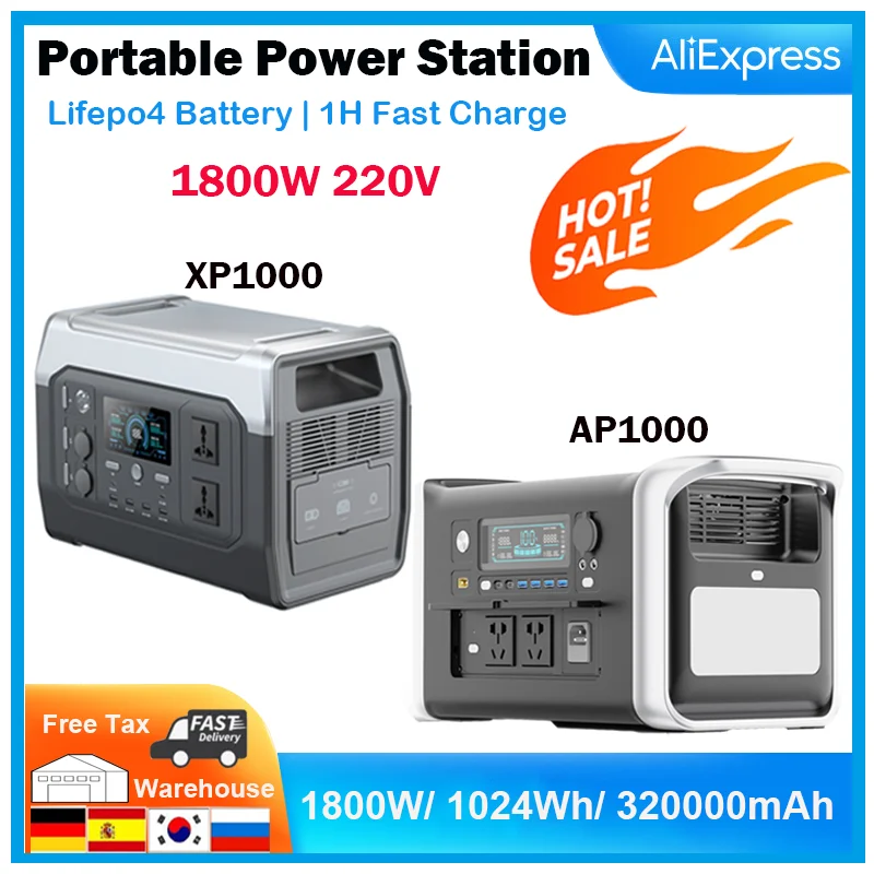 

1800W Power Bank, Portable Power Station, 1024Wh, AC220V, Charging Stations, Lifepo4 Battery, For Home and Outdoor Camping