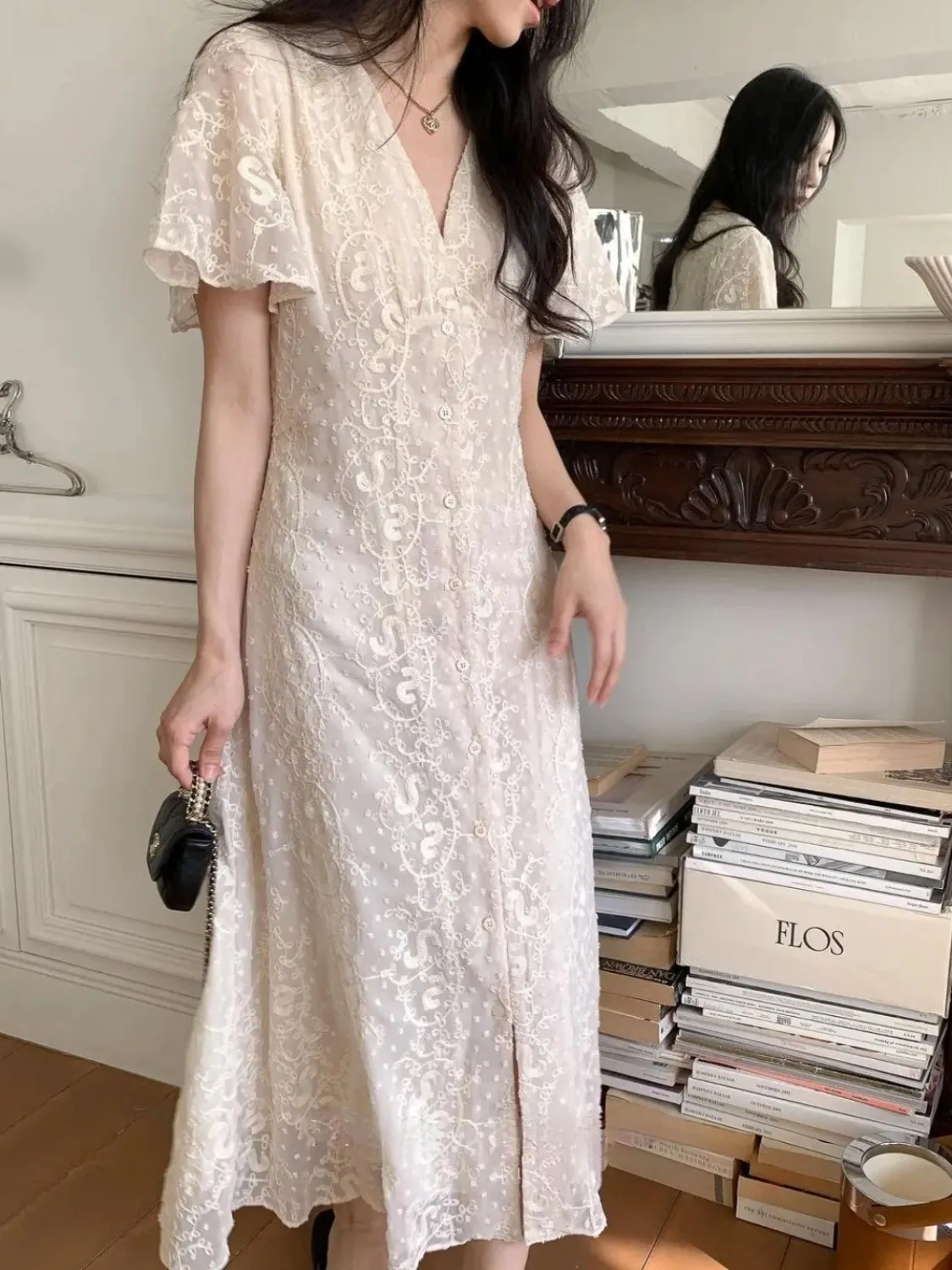 

Women's Summer Vintage Long Lace Floral Dress V Neck Single Breasted Flattering Midi Sundress Female 2024