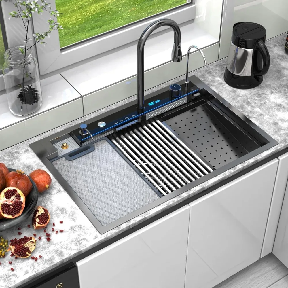 33x22 Inch Black Drop in Waterfall Kitchen Sink Multi-function Integrated , Digital Display Ambient Light, Sink with Workstation