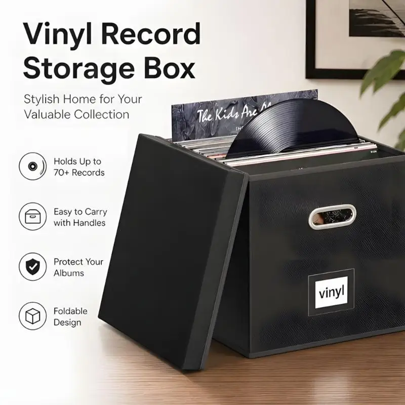 Lidded Record Collection Storage Case for Media Room Shelves, Stackable Album Holder for Cabinets, Black Leather-Look Home F19E