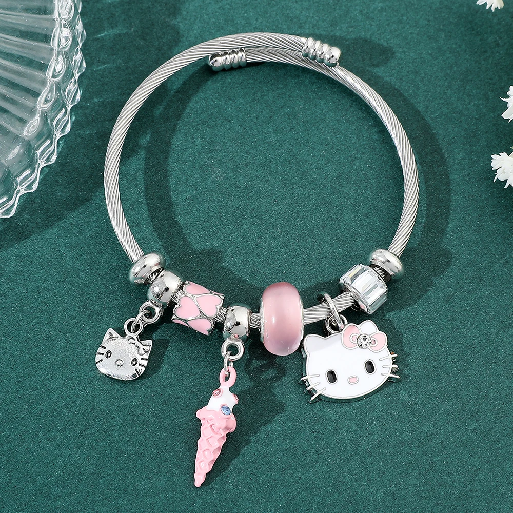 Kawaii Sanrio Hello Kitty Charms Bracelet Pink KT Cat Ice Cream Pendant Bangle for Girl y2k DIY Bracelet Student Jewelry