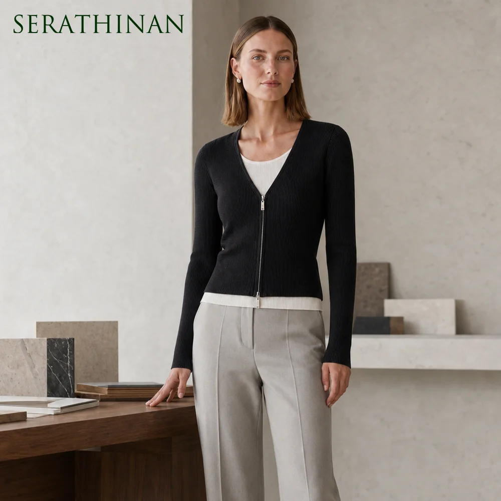 MZ62017 Women's Elegant Ribbed Zip-Up Cardigan V Neck Long Sleeve Contrast Trim Modal Blend Layered Autumn Winter Knit Top
