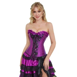 Purple Overbust Corset Satin Corsets Plastic Boned Ruffles Border Korset Women Outfit Bustier Gorset