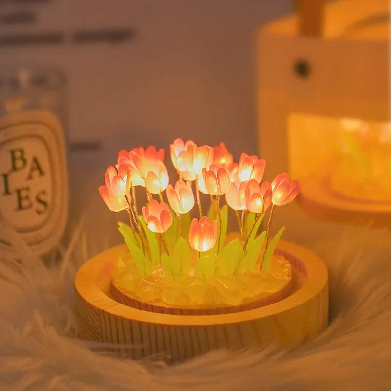 Handmade Artificial Flower Tulip Night Light Heat Shrinkable Film DIY Material Bedside Sleep Lamp Home Ornament Birthday Gift