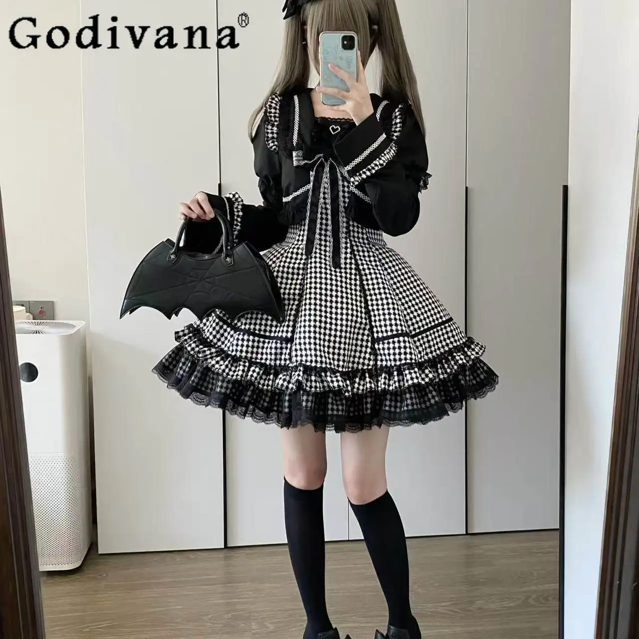 

Lolita Gothic Short Sleeve Dress with Hand Sleeve Spring Summer New Girl's Cute Short Dress Japanese Fake Two-Piece Plaid Dress