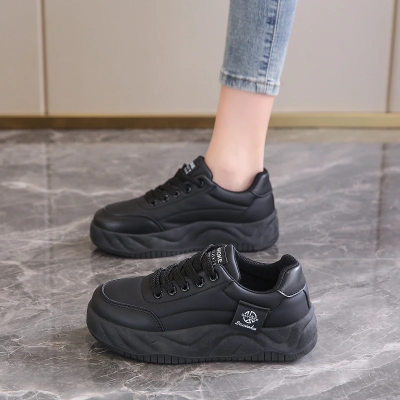 

Breathable Leather Platform Sneakers for Women 5cm Thick Sole Comfortable Walking Shoes Non Slip Fashion Athletic Footwear