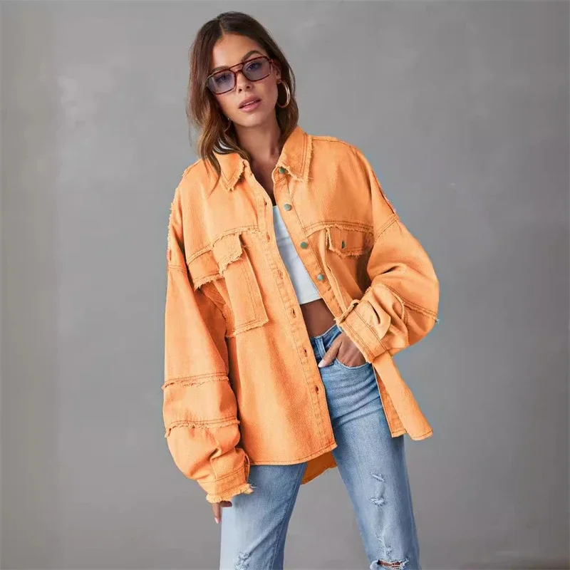 Pop New Raw-edges Denim Jacket Women Spring Autumn Shirt Style Jean Coat Casual Top Rose-Red Orange Purple Outerwear Lady Coat