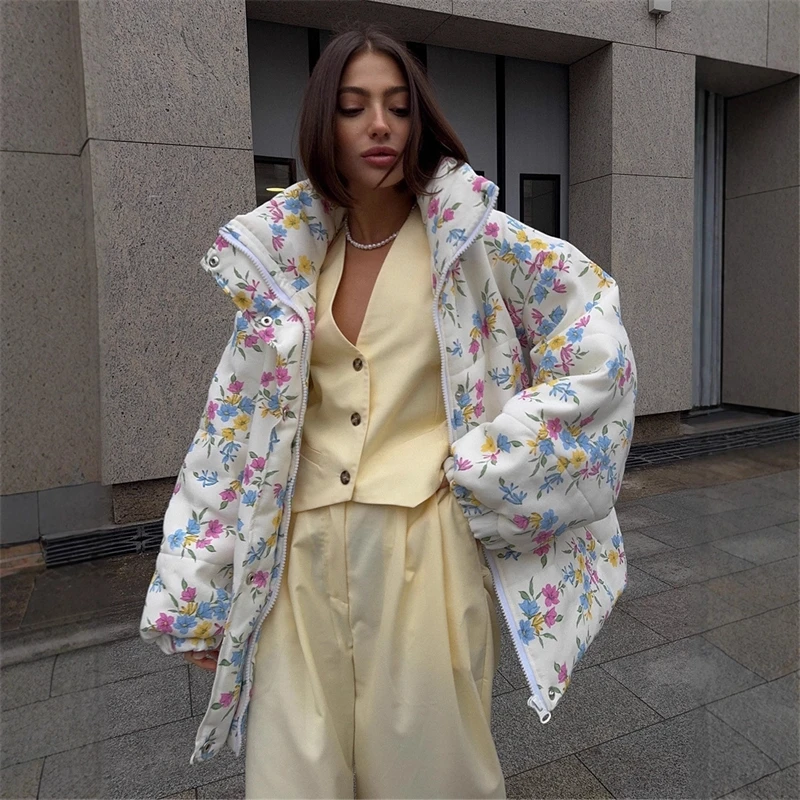 

Sweet Thick Warm Contrasting Cotton Jacket Autumn And Winter Women Fashion Floral Print Stand Collar Zipper Loose Casual Coat