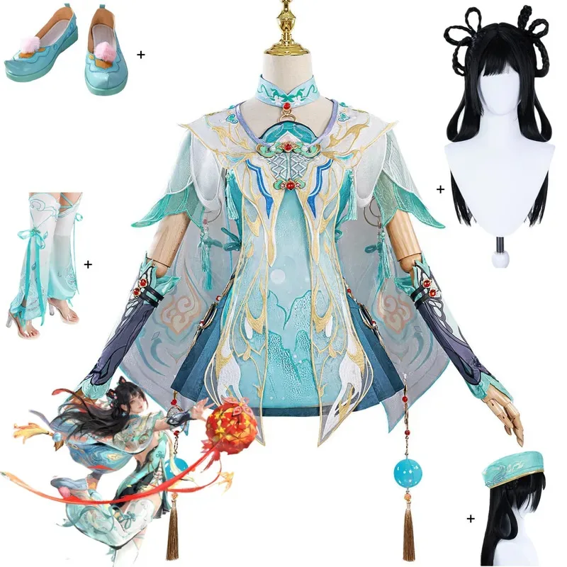 Игра Naraka: Bladepoint Lannie, карнавальный костюм в китайском стиле, зеленая юбка Hanfu, парик, женская обувь, сексуальные традиционные праздничные костюмы; 2k