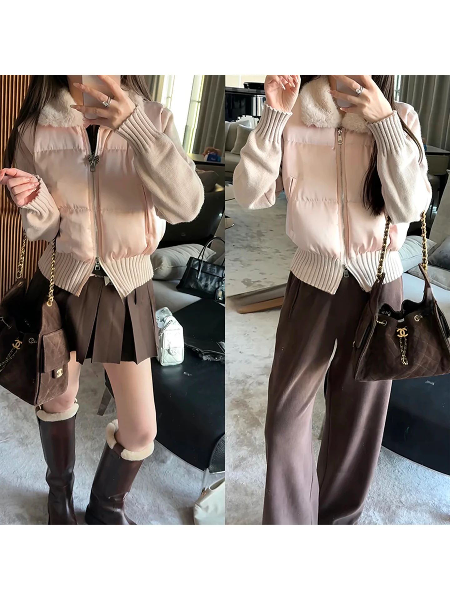 

Женское пуховое пальто Mimius с вязаными вставками и меховым воротником, стеганое, белое, без капюшона, теплый пуховик без капюшона