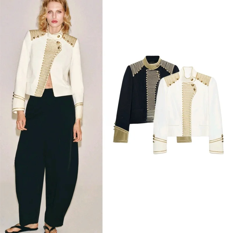 New Autumn Women's Long Sleeve Stand Collar Rope Knot Color Block Jacket Short Style Polyester Fiber Button Closure Coat