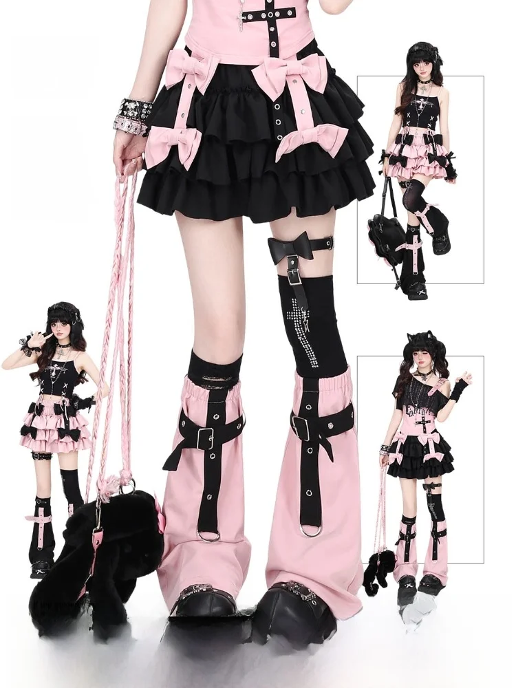 Crazygirl Original Sweet Spicy Light Black Pink  Knot Design Puffy Half Skirt High Waist Puffy Skirt for Girls